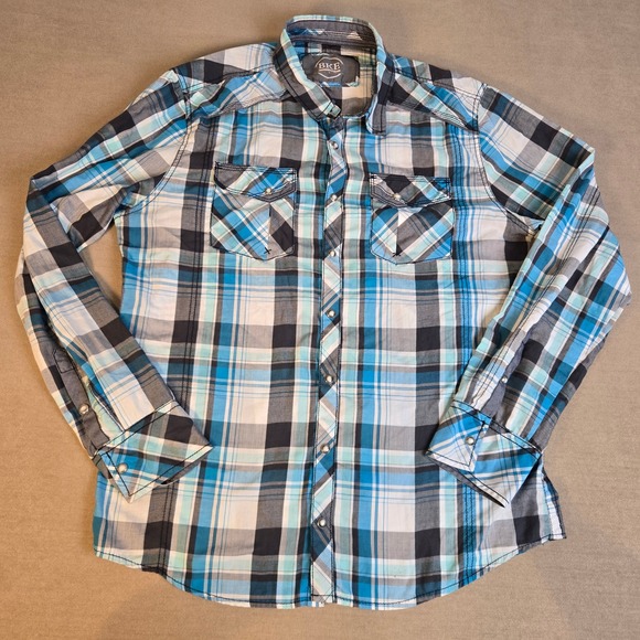 BKE Shirt Mens Large Blue White Plaid Western Pearl Snap Long Sleeve‎ Standard - Picture 2 of 9